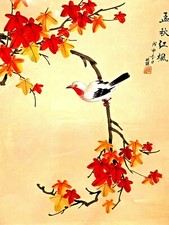 BEAIUTIFUL ASIAN CHINESE HAND PAINTED ON SILK BIRD ON TREE SIGNED FRAMED