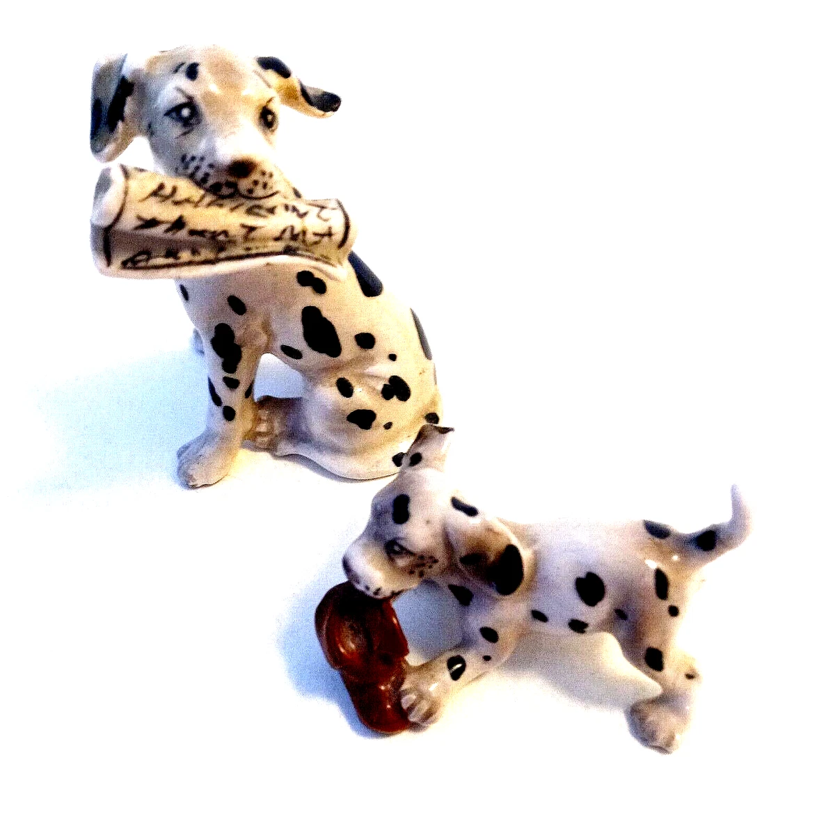 2 Vintage Porcelain Dalmatian Figurines Dog with Newspaper Shoe