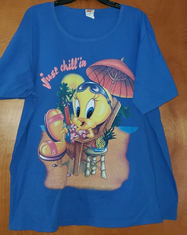 Vintage Looney Tunes Tweety Bird Blue Tee Shirt Just Chillin Plus Nice Beach