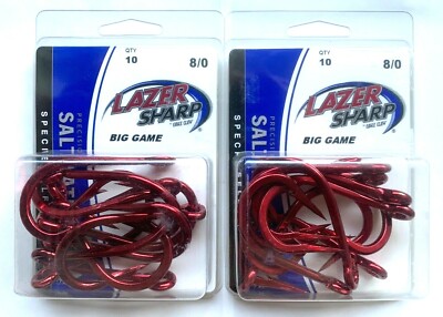 20 (2 packs/10) Eagle Claw Lazer Sharp Red Big Game Fish Hooks size 8/0