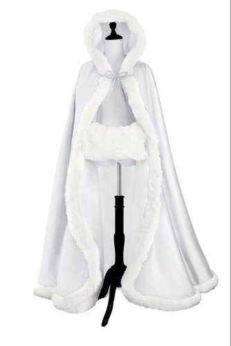 New Bridal Winter Wedding Long Cloak Cape Hooded Fur fur edge Floor length Bride - Picture 14 of 27