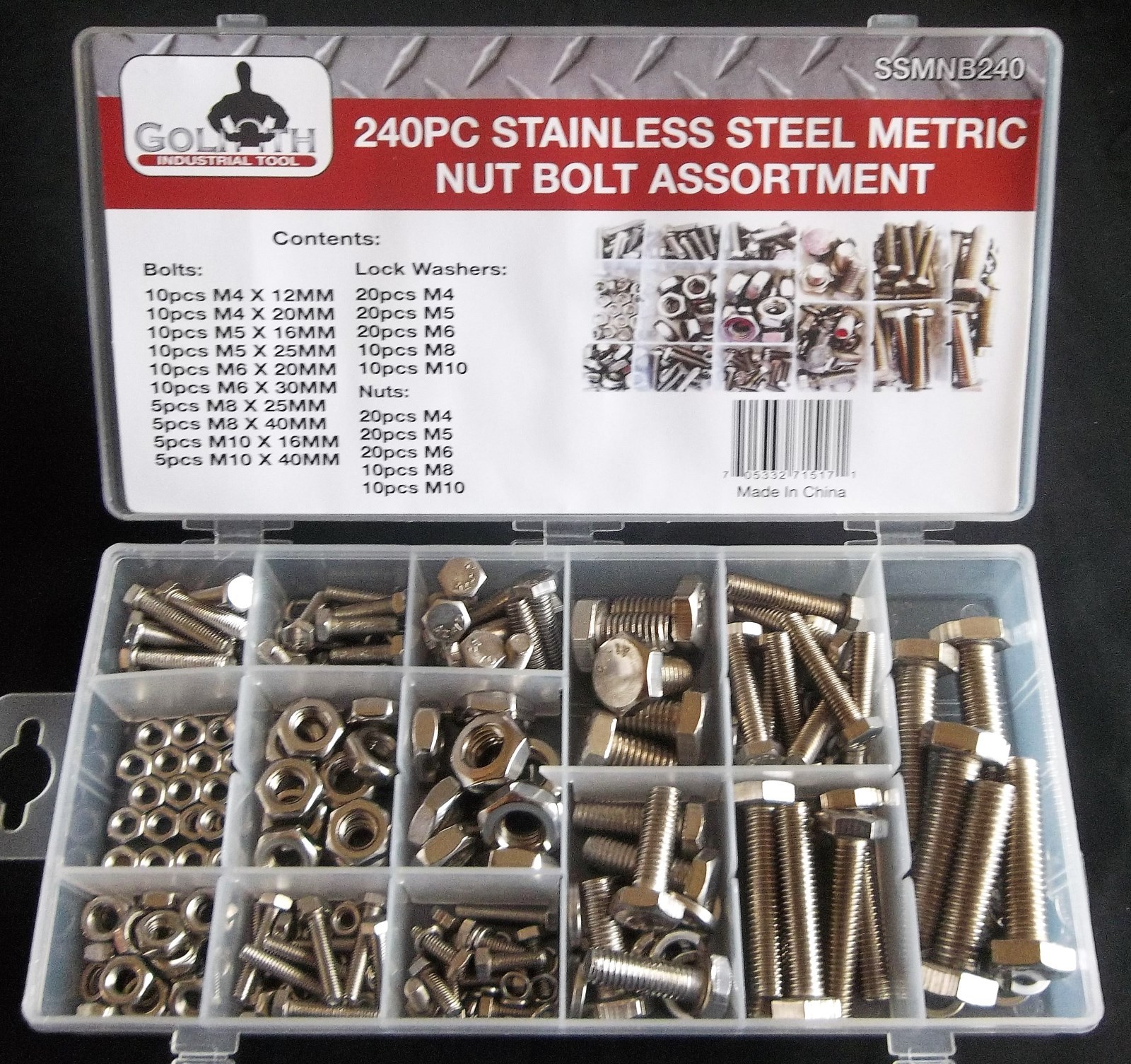 240pc GOLIATH INDUSTRIAL SSMNB240 STAINLESS STEEL METRIC NUT BOLT