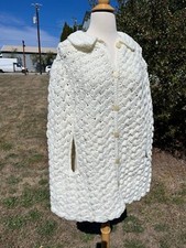 Vintage 70s White Crochet Handmade Pointelle Knit Cape Poncho Cottagecore Boho