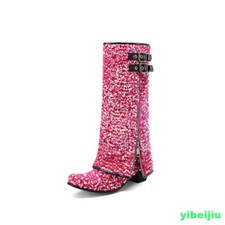 Women's Mid Calf Boots Sequins Block Heel Shoes Stage Performance Fashion Modern