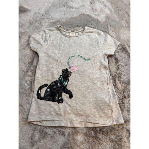 Zara Girls Gray T-Shirt with Black Sequin Cat & Pink Butterfly Detail Size 10