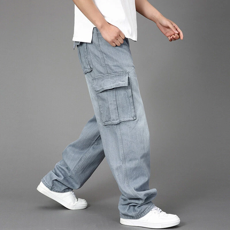 Men Cargo Combat Denim Pants Jeans Trousers Side Pocket Oversized Loose