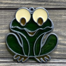 Vtg Stained Glass Suncatcher Window Decor Green Frog Toad 3.5