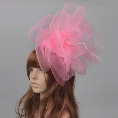 Big Pink Veil Hat Hair Clip Women S Party Wedding Feather Bride