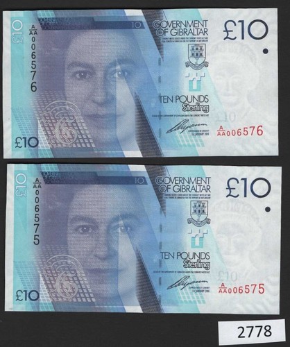 (BN-2778) Gibraltar P-36 UNC, £10 von 2010, ein aufeinanderfolgendes Paar, Block A/AA