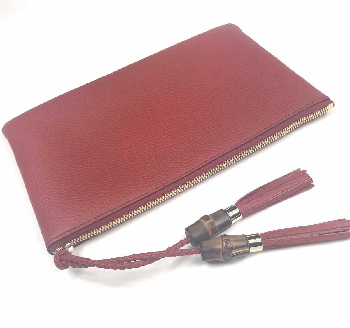 Gucci #449652 Red Leather Bamboo Tassel Zip Top Clutch/Pouch