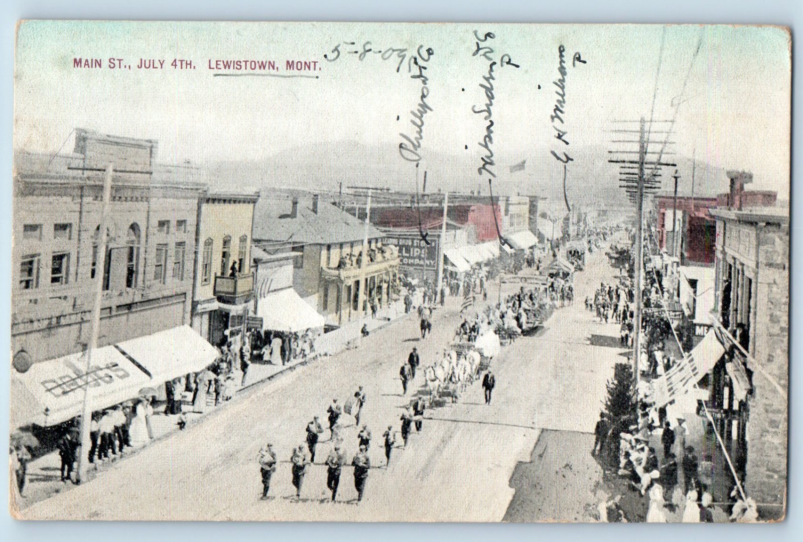 Postal Lewiston Montana MT Main Street 4 de julio Desfile Drugs Store década de 1960
