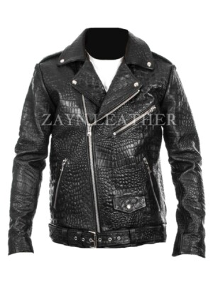 Men's Black Croc Embossed Geunine Leather Jacket Motor Biker