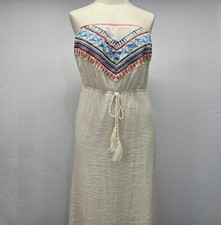 Flying Tomato Strapless Maxi Boho Dress M Ivory Tribal Embroidery Tassel