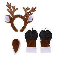 Furry Glitter Reindeer Antlers Holiday Festive Headband  Tail Accessory Set