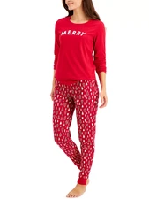 FAMILY PAJAMAS Women's 2-Piece Merry Christmas Trees Pajama Set sz S Small Red