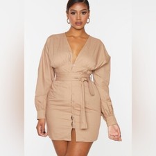 NEW Prettylittlething Long sleeve khaki dress