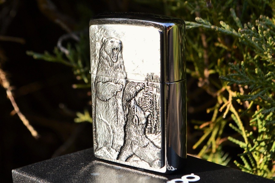 Zippo Lighter - Bear vs. Wolf Pewter Emblem - Grizzly Zippo Lighter - Bear vs. Wolf Pewter Emblem - Grizzly