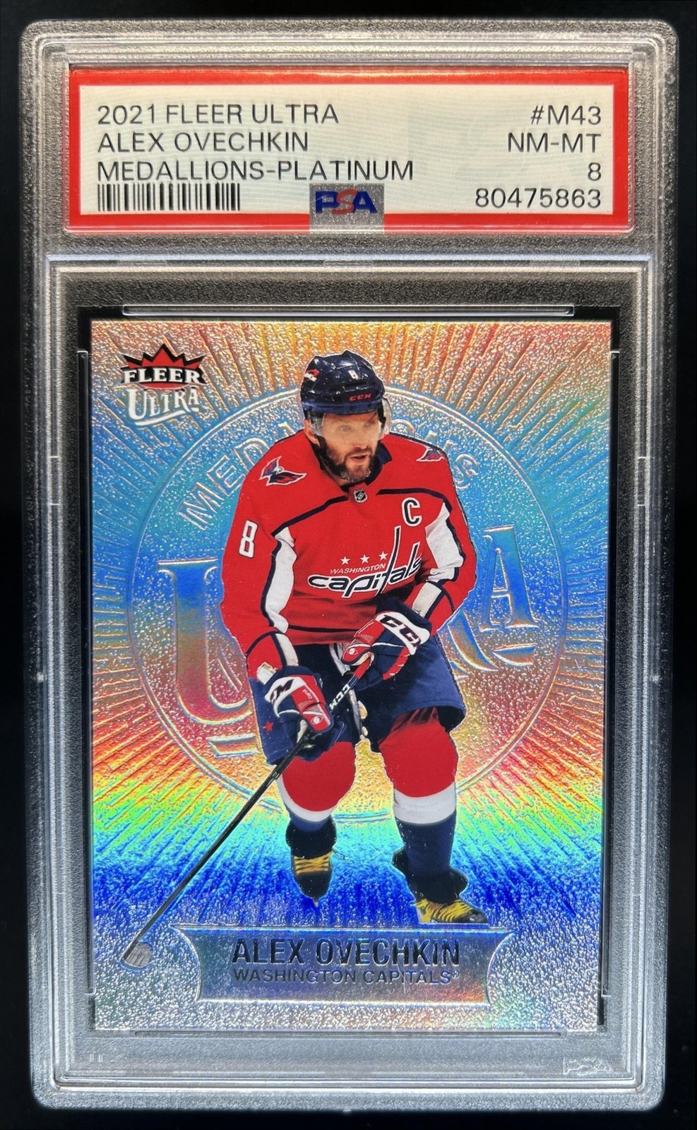 2021 Upper Deck Fleer Ultra Alex Ovechkin Medallions Platinum #/100 PSA 8