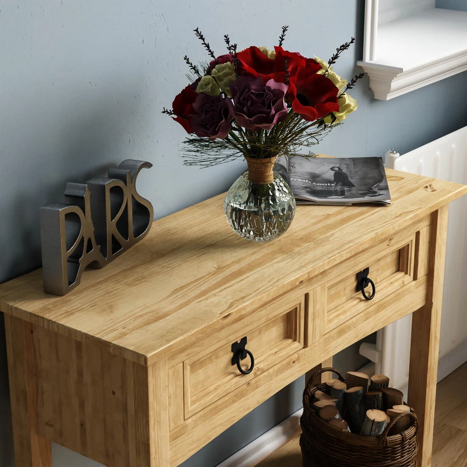 Corona 2 Drawer Console Table Shelf Mexican Solid Pine Wood Waxed Rustic Finish - Image 4 of 4