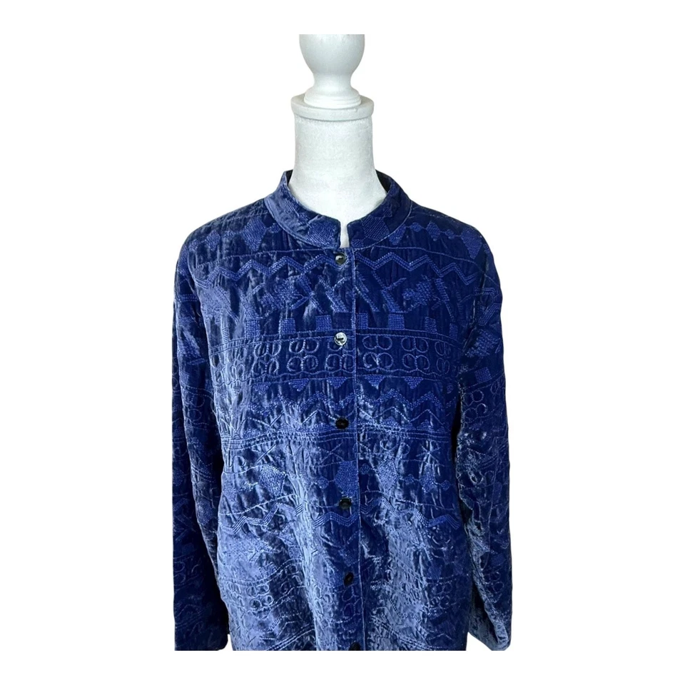Chaqueta Chico's Para Mujer 2 EE. UU. Grande Azul Terciopelo Jacquard Seda Forrada Banda Cuello Foto 4 de 4