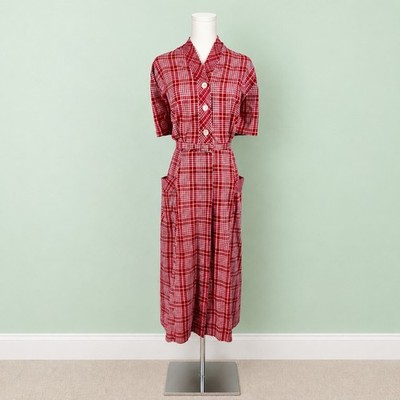 Vintage 40's 50's Red Plaid Day Dress And Belt Size XL XXL Shirtdress Cotton