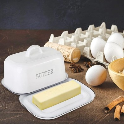 White Enamelware Butter Dish w/Lid Black Rim / Metal /  Farmhouse / Large EUC