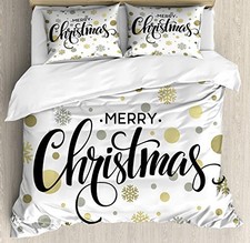 Christmas Duvet Cover Set, Merry Christmas Lettering on an King Black Beige