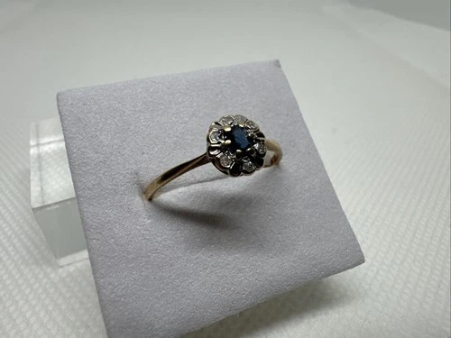 Antique 14k 585 Yellow Gold Blue Spinel Diamond Cluster RING Size 8.25, Two Tone