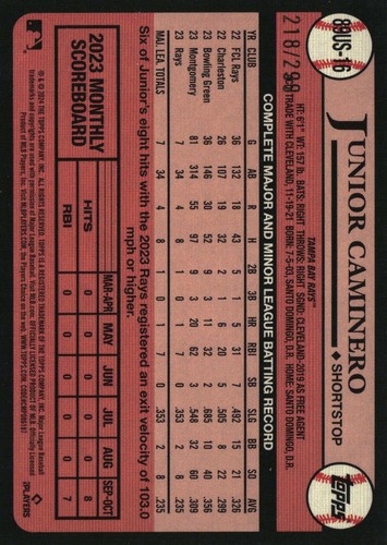 2024 Topps Junior Caminero 1989 Topps Baseball 35° Anniversario Nero #/299 - Foto 2 di 2