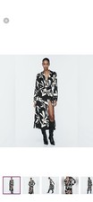 Zara Black and White Ecru Satin Printed Midi Dress Size Medium NWT