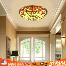 12" Tiffany Style Fixture Decor Lamp Stained Glass Shade Flush Mount Ceiling