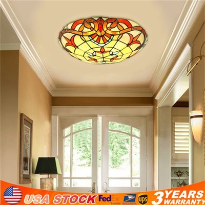 12'' Tiffany Style Fixture Decor Lamp Stained Glass Shade Flush Mount Ceiling