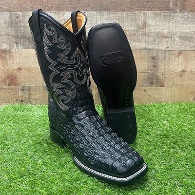 Genuine Leather Exotic Caiman Alligator Print Square Toe Cowboy Boots - Black