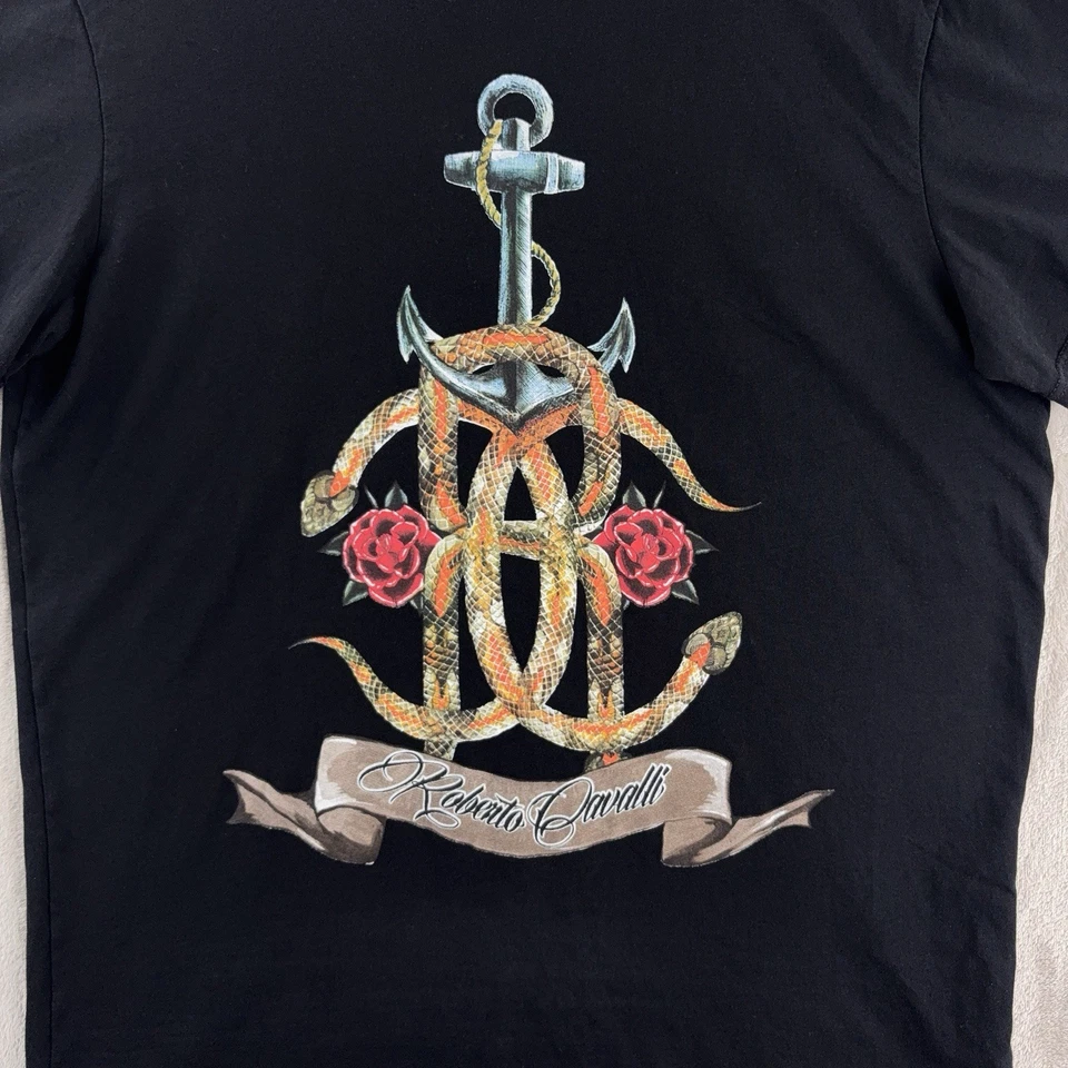 Camiseta Roberto Cavalli Para Hombre Talla XL Negra Serpiente Ancla Rosas Gráfico Camiseta Foto 3 de 4