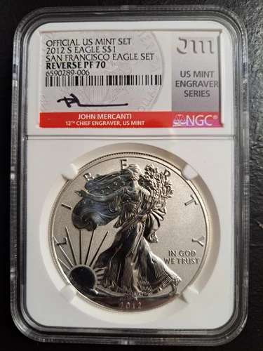 2012 S REVERSE PROOF SILVER EAGLE NGC PF70 SAN FRANCISCO SET MERCANTI SIGNED MES