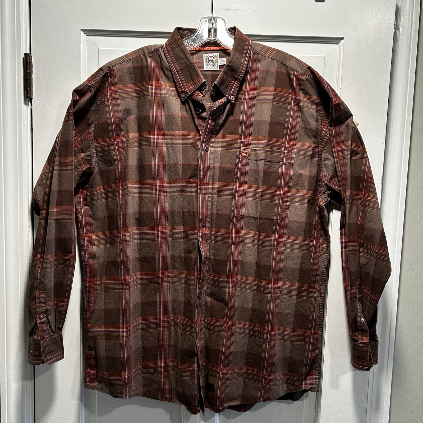 Cinch Long Sleeve Button Down Shirt Brown Orange Purple Plaid Men’s Size  XL