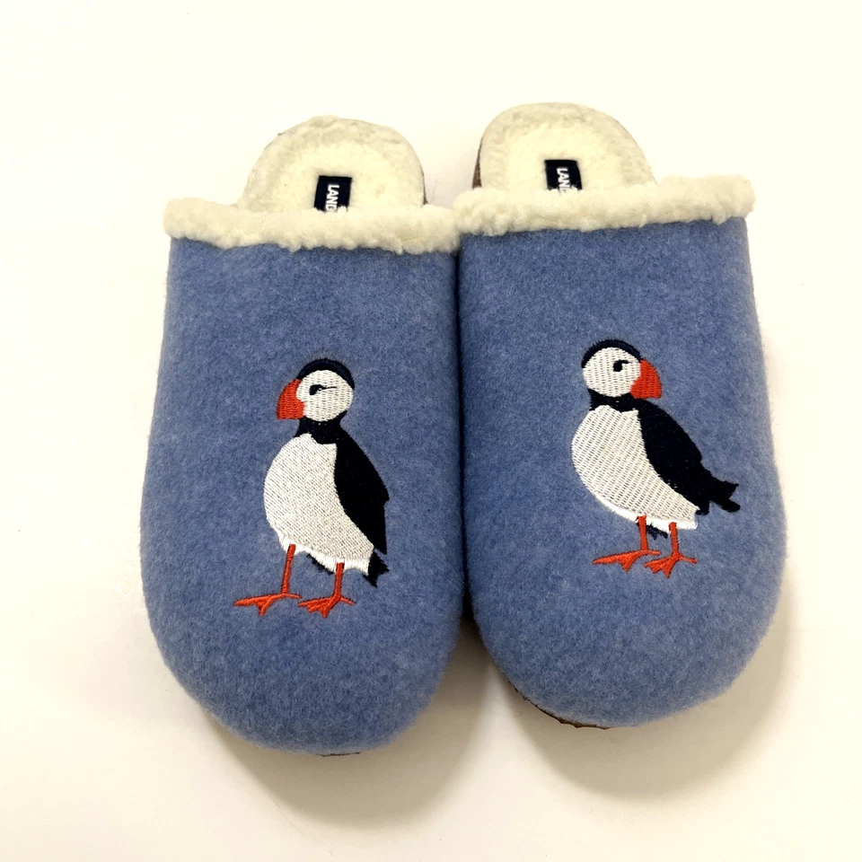 Lands' End Sherpa Lined Clog Slippers Blue Puffin Embroidered House Shoes SZ 10 - Image 3 of 4
