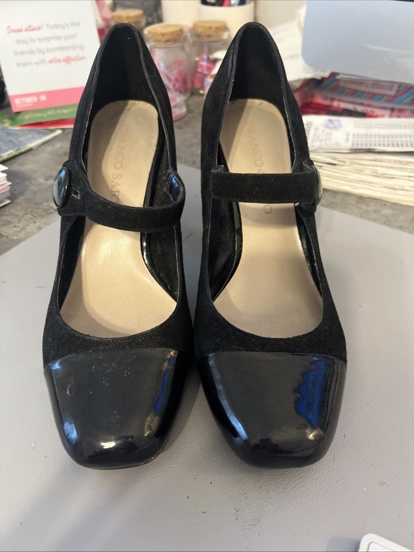 Franco Sarto Black Suede And Patent Leather Mary Jane Heels 