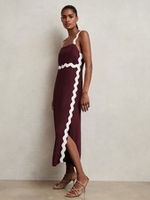 Reiss Burgundy Asher Wave-Trim Crepe Midi Dress Size UK 8 £198.00