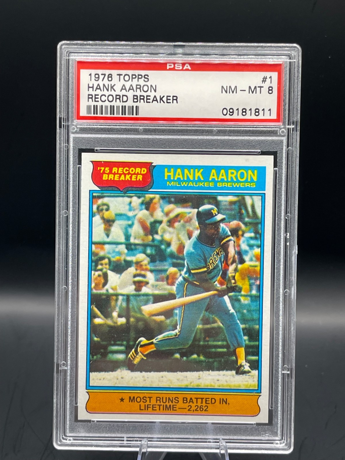 1976 Topps #1 Henry Hank Aaron RB '75 Record Breaker Brewers HOF PSA 8 NM-MT