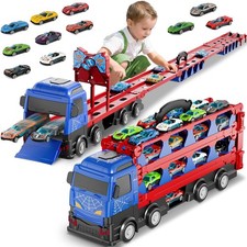 Race Track Toys 78' Dual Track Transport Truck with 12 Die-Cast Car for Kids 3-6