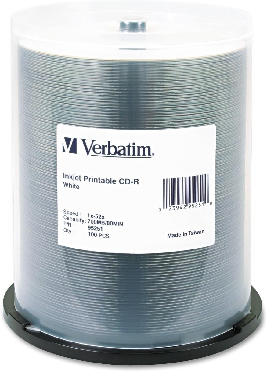 White Inkjet Printable CD-R 100pk - 700MB 80-Minute Discs with Fast Printing