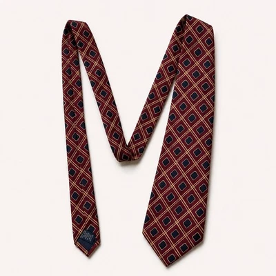 Vintage Kenneth Gordon Burgundy Geometric 100% Silk Tie Hand Printed Italy USA - Image 1 of 4