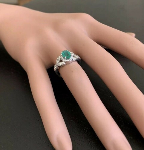 14K Solid White Gold Natural Emerald and Diamonds Cluster Wedding Ring - Picture 4 of 6