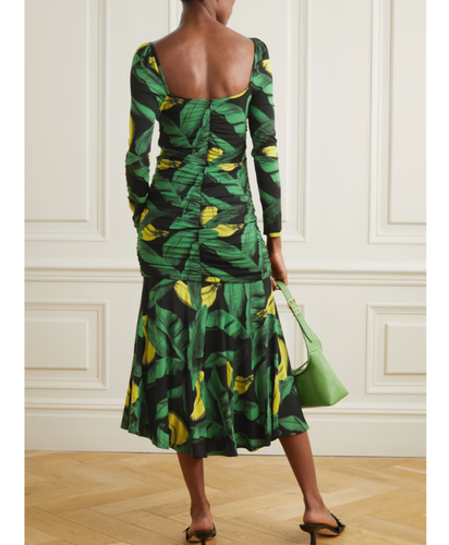 GANNI Ruched Mesh Midi Bodycon Dress Green Stretch Jersey Banana Leaf - Picture 3 of 13