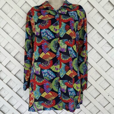 Bechamel Colorful Asian Oriental Fan Novelty Print Long Sleeve Top Sz Large