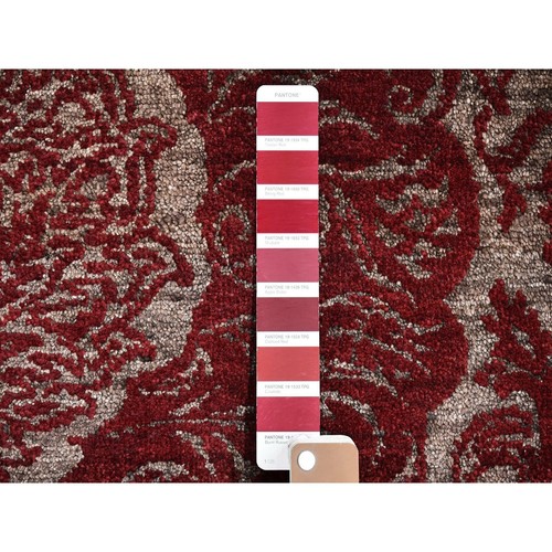 3'2"x5'6" Wine Red Wool & Silk Modern Damask Design Mat Hand Knotted Rug R66123 - Picture 2 of 5
