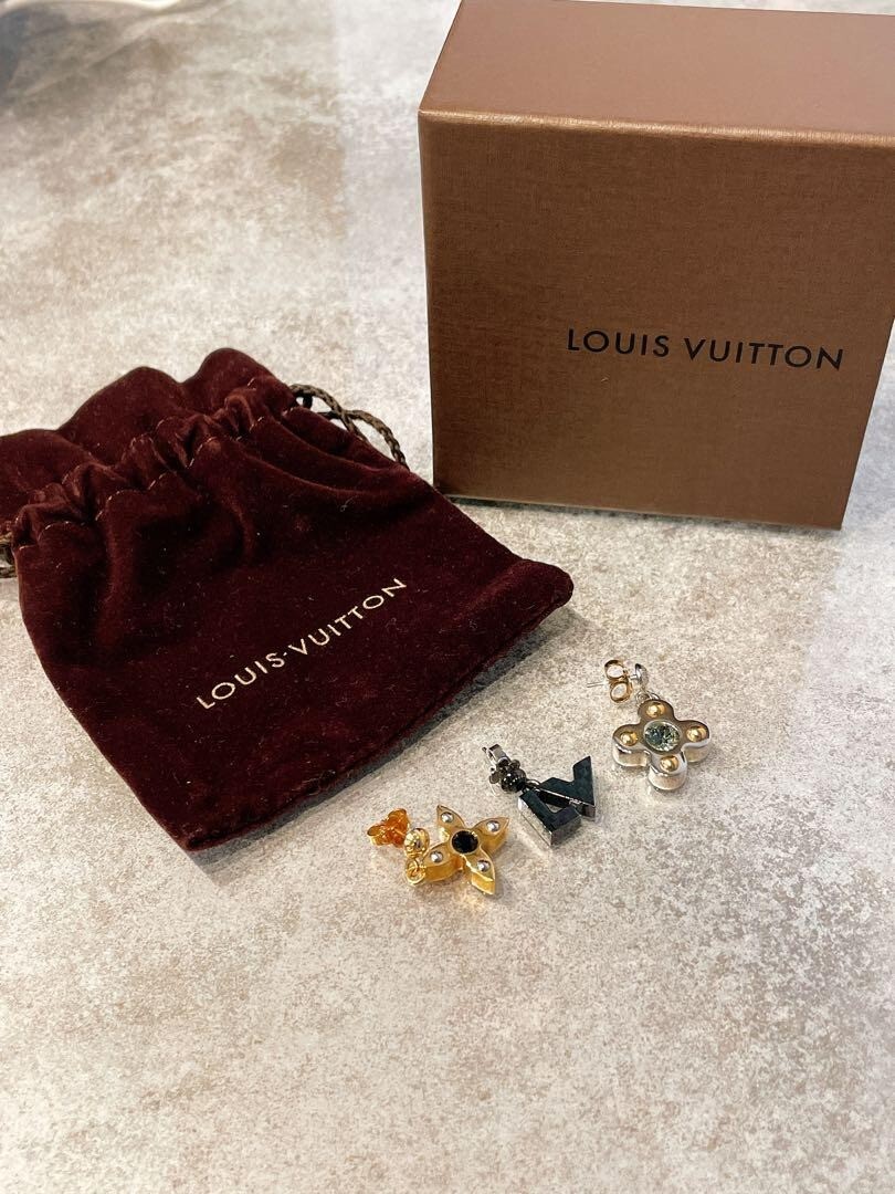 Authentic Louis Vuitton Flower LV Logo Motif Set of 3 Earrings