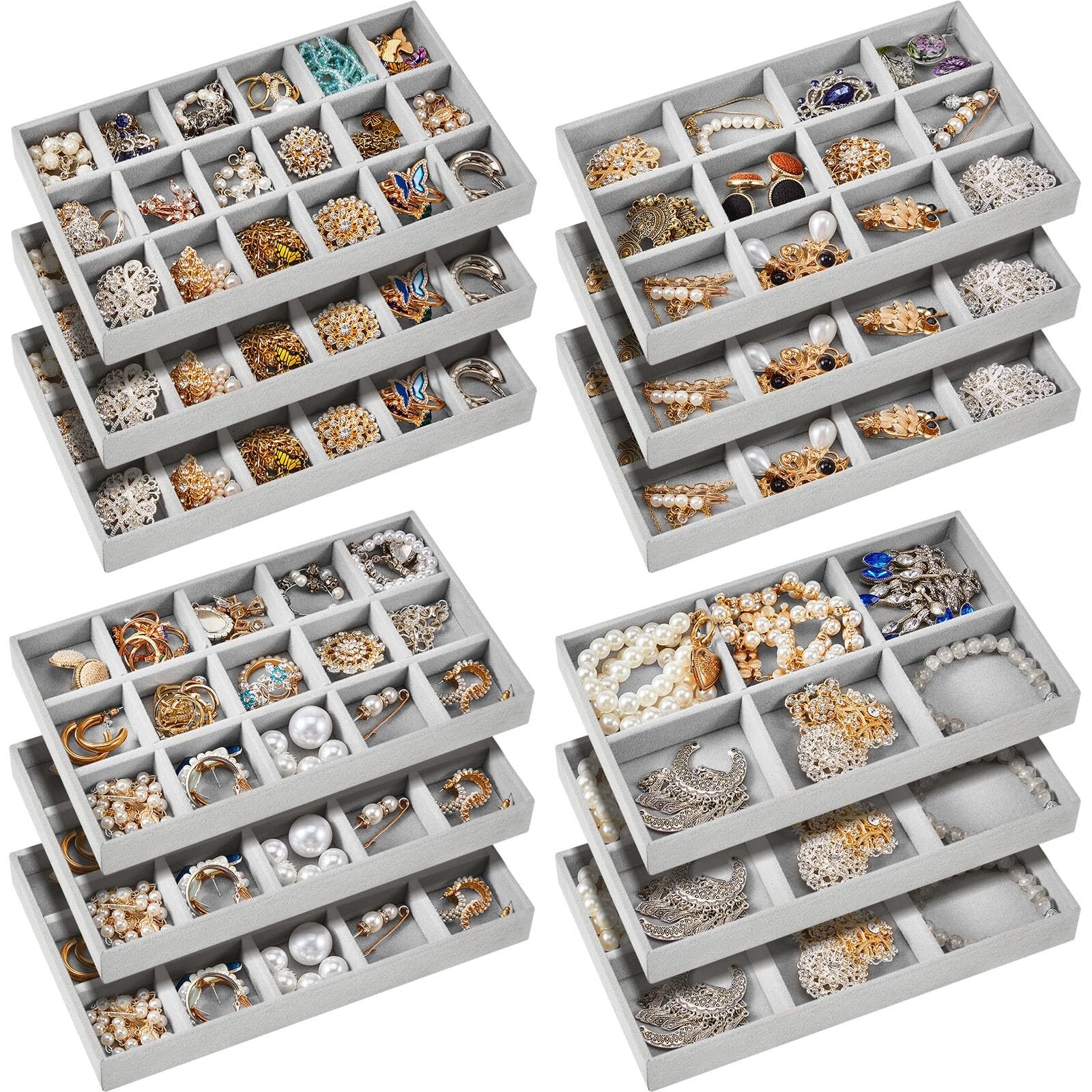 Junkin 12 Pcs Velvet Stackable Jewelry Organizer Trays with Dividers