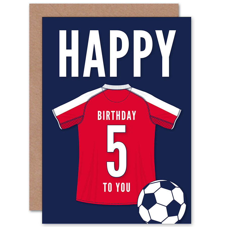 Soccer Football 5th Birthday Card for Boys Girls White Red Top on Dark Blue